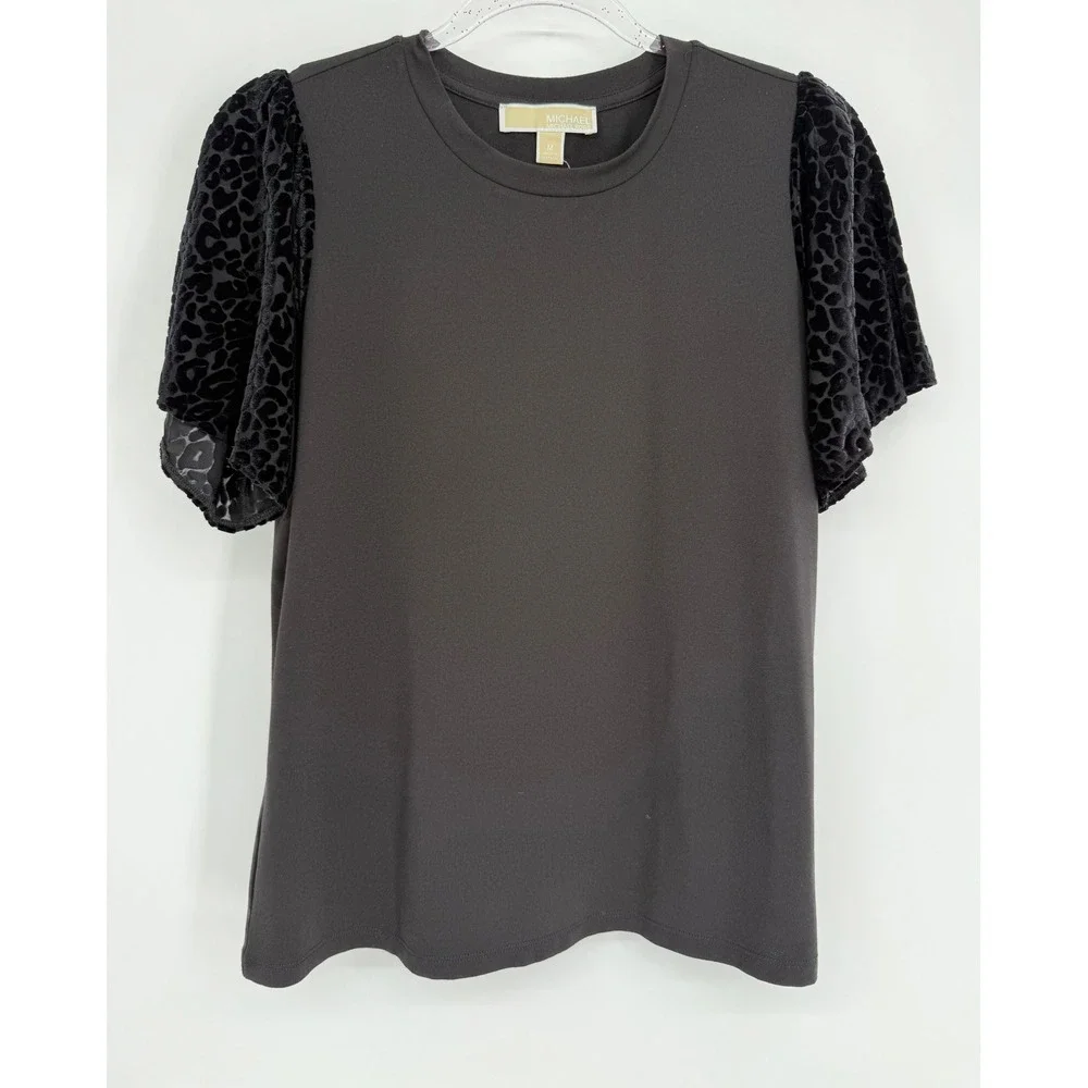 Michael Kors Womens Black Velvet Leopard Puff Sleeve Top Sz M